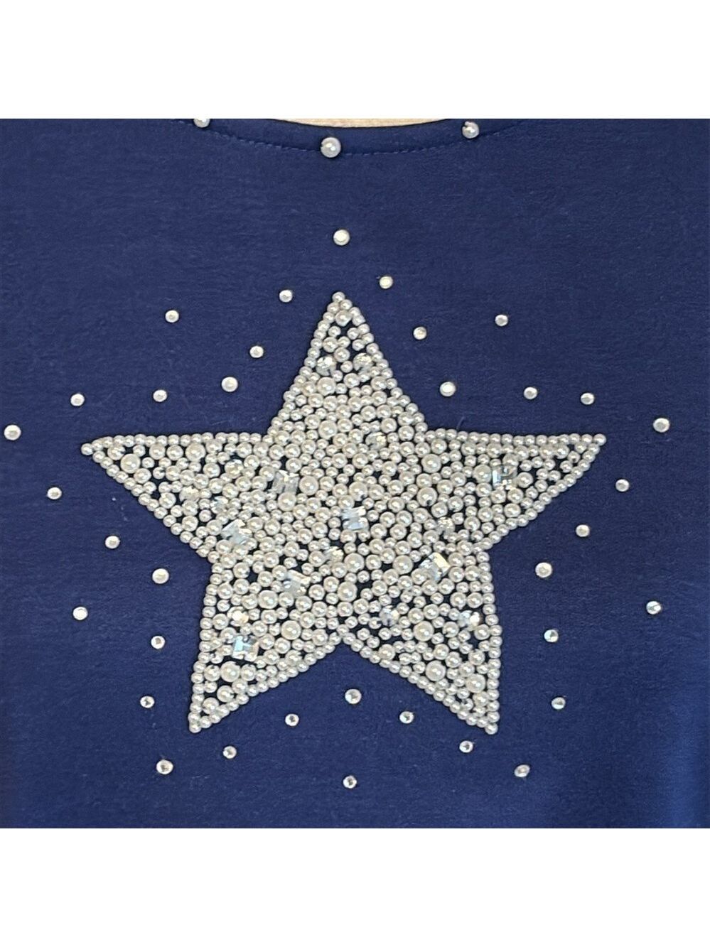 Quacker Factory Embellished Star Tee Short Sleeve Beaded Pearl Blue Size L - Picture 2 of 5